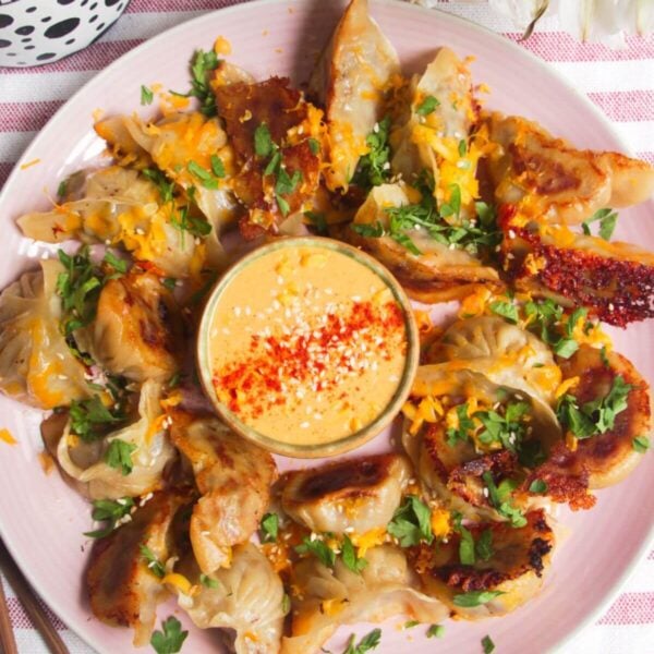 Crispy cheeseburger dumplings on a pink plate with small bowl of burger sauce in the middle.