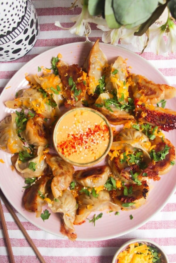 Crispy cheeseburger dumplings on a pink plate with small bowl of burger sauce in the middle.