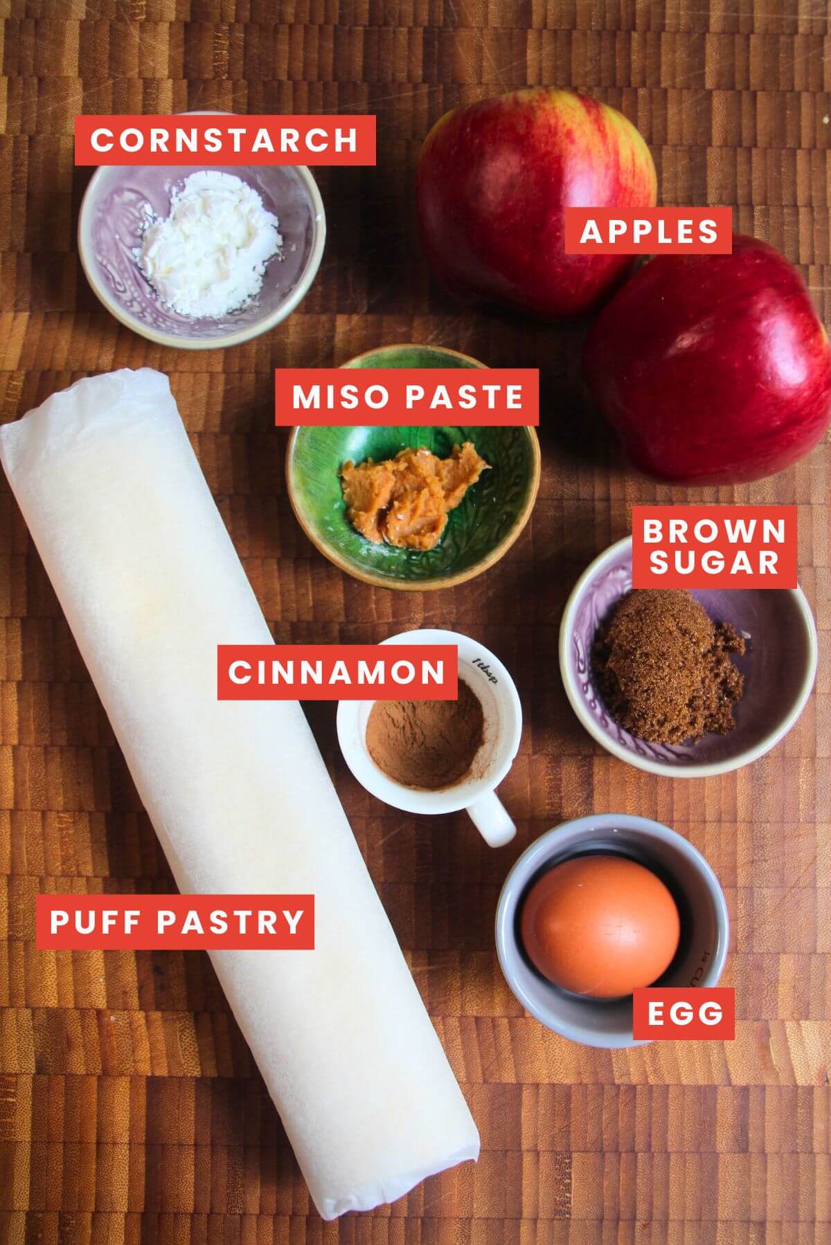 Ingredients for apple turnovers laid out and labelled.