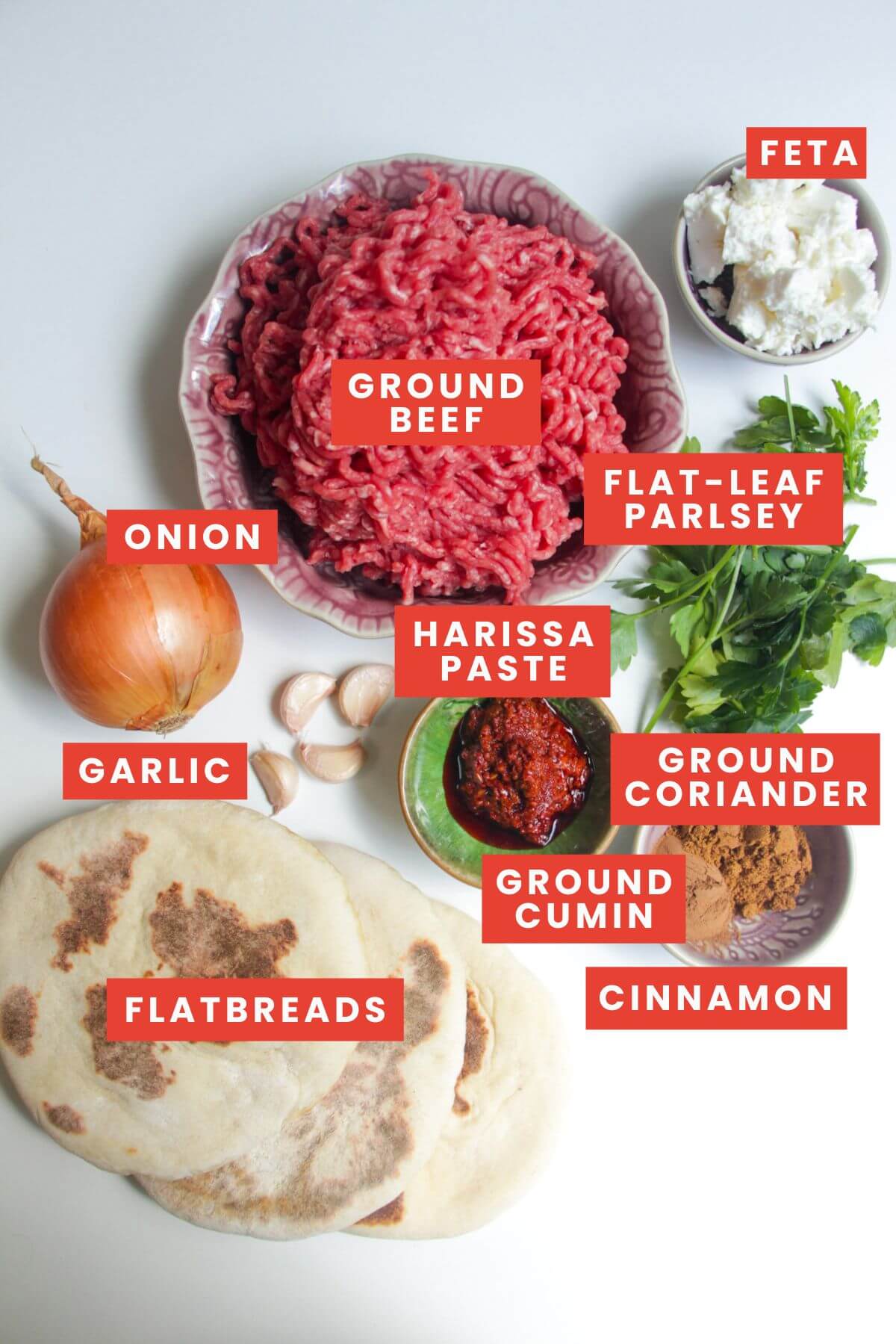 Ingredients for arayes, laid out and labelled.