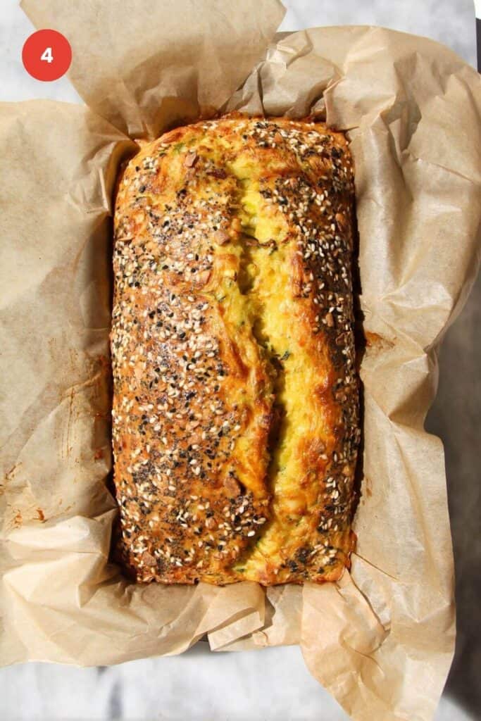 Baked zucchini bread in loaf pan.
