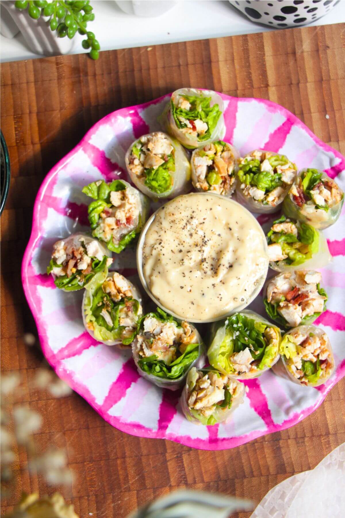 Chicken Caesar rice paper rolls on a pink and white plate.