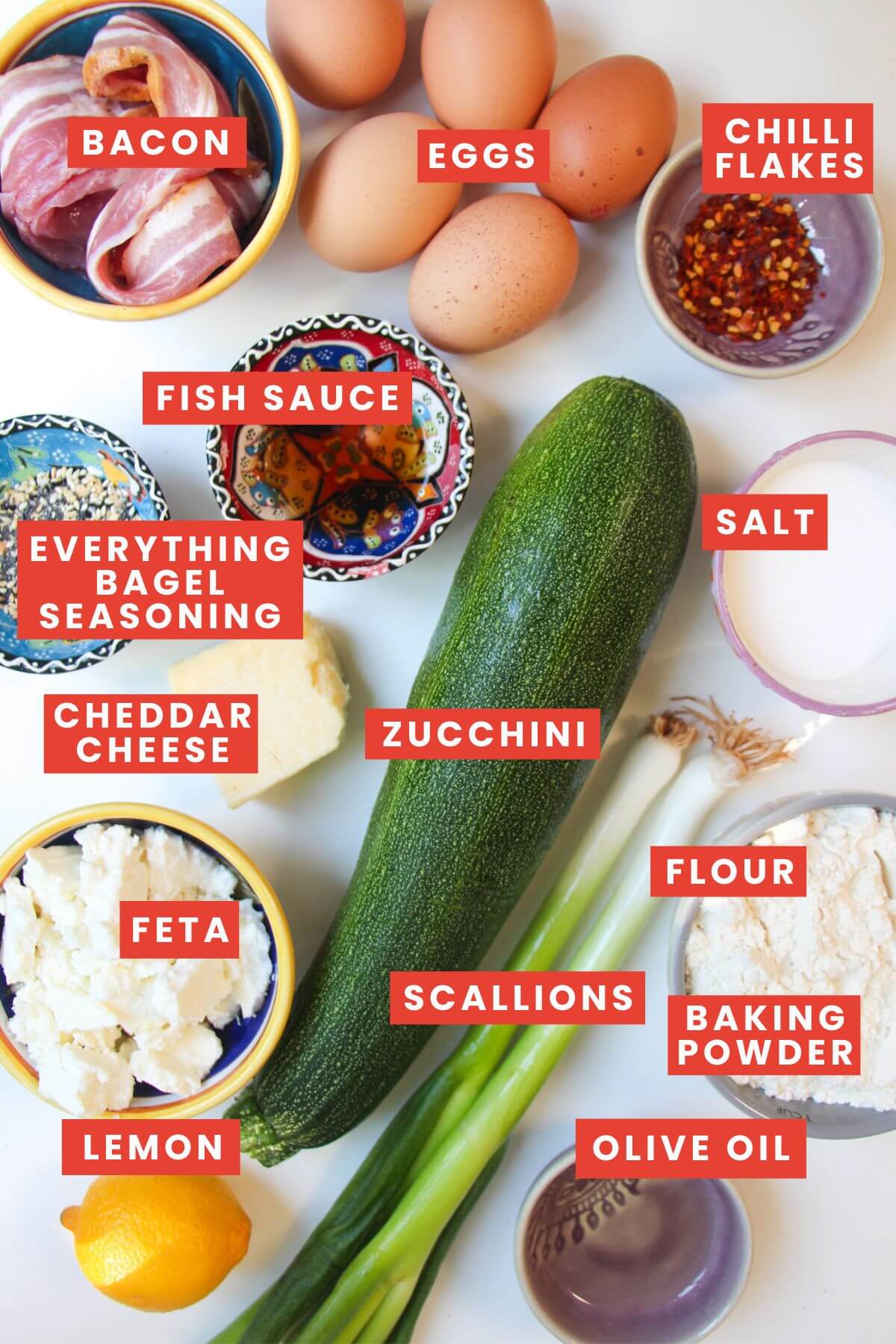 Ingredients for cheesy zucchini bread laid out and labelled.
