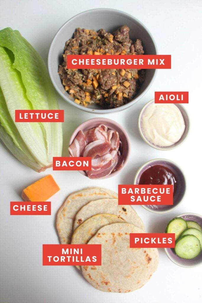 BBQ bacon cheeseburger taco ingredients laid out and labelled.