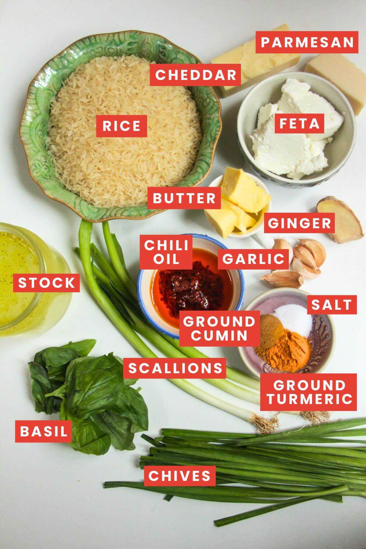 Ingredients for baked rice laid out and labelled.