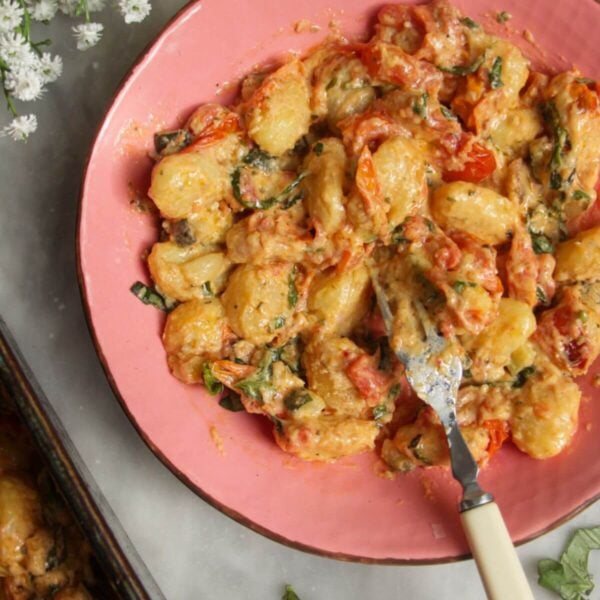 Creamy Boursin gnocchi in a pink bowl.