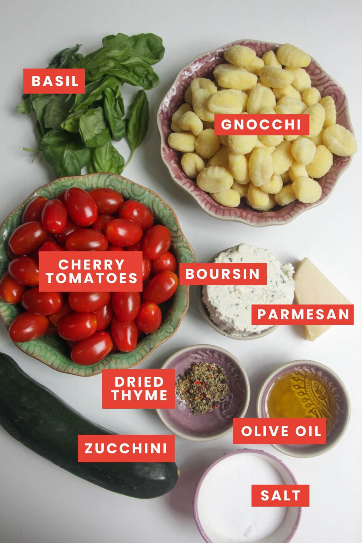 Ingredient for baked Boursin gnocchi laid out and labelled.