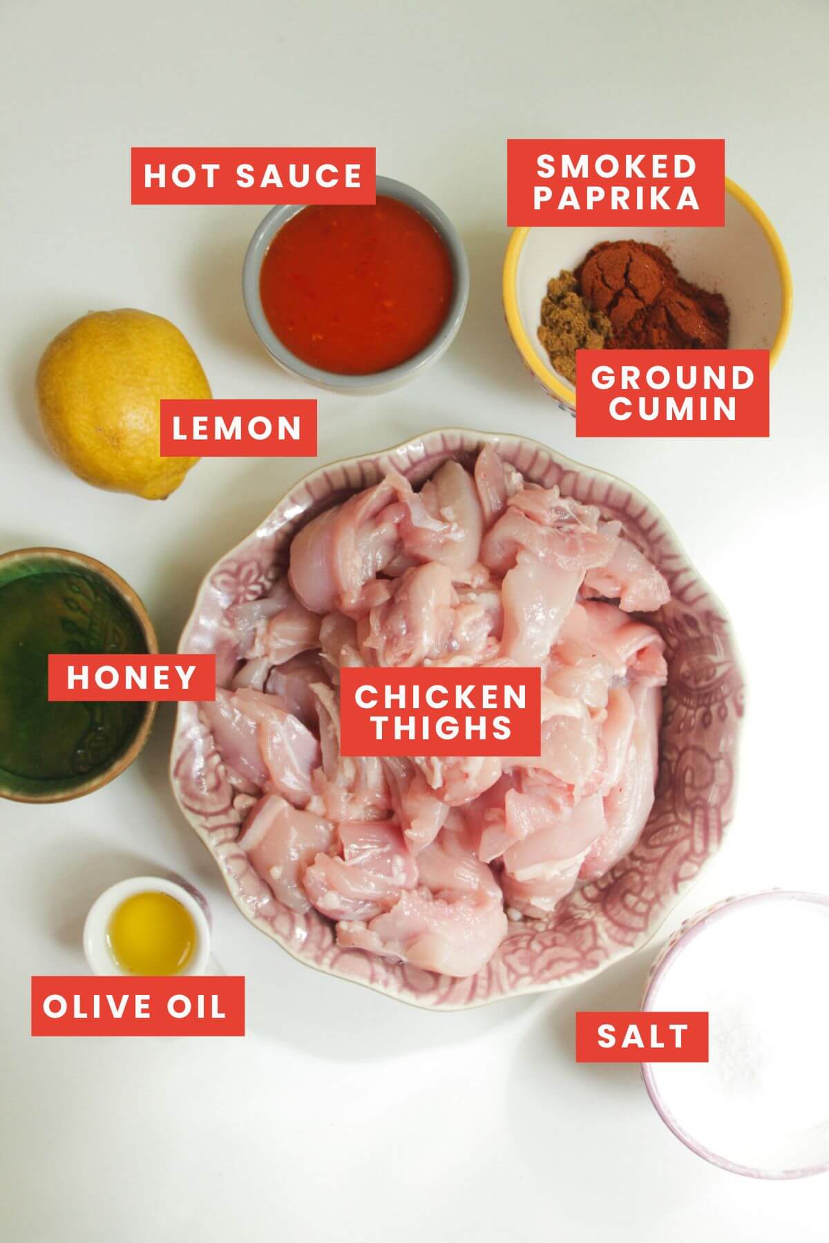 Ingredients for Buffalo chicken laid out and labelled.