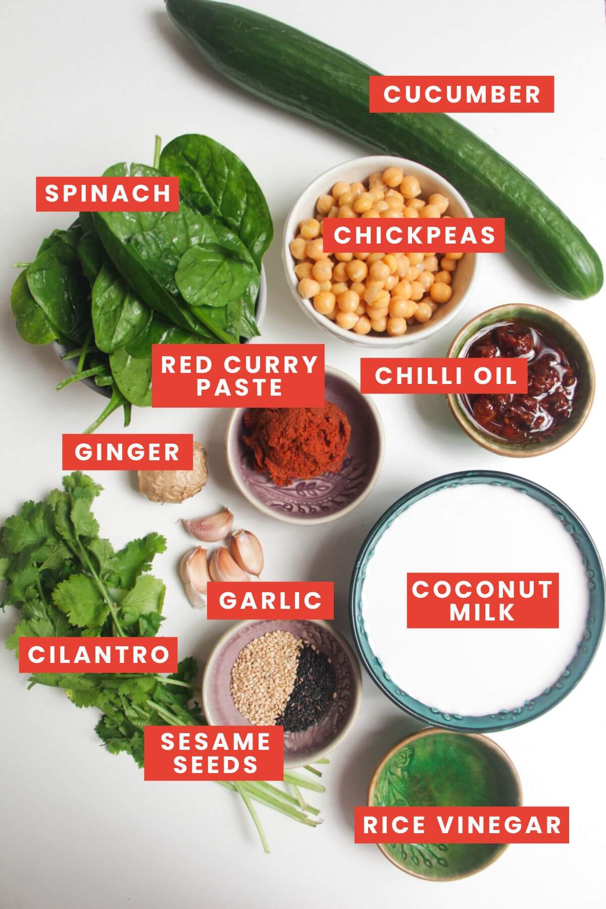 Ingredients for coconut chickpea curry laid out and labelled.
