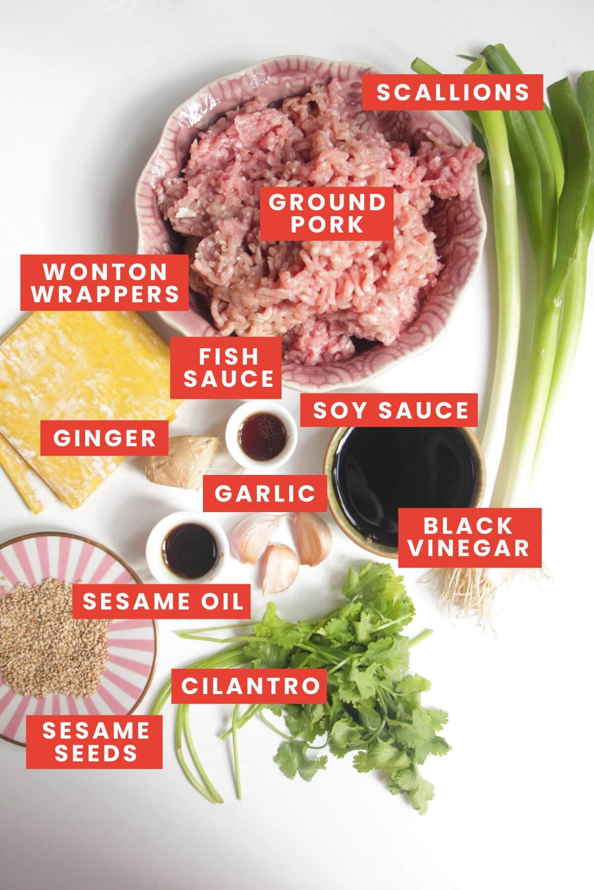 Ingredients for mini dumpling cups laid out and labelled.