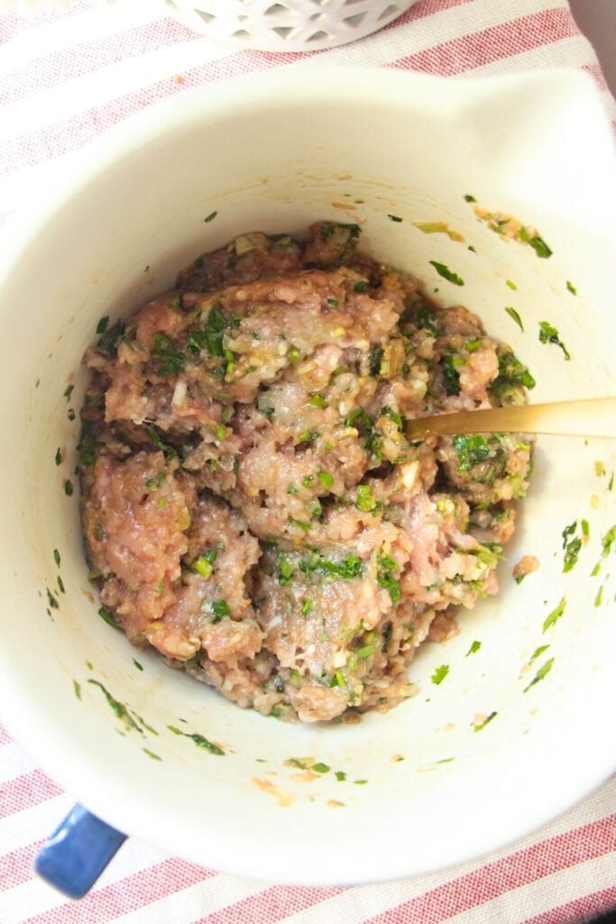 Dumpling patty ingredients mixed in a bowl.