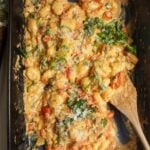 Baked Boursin gnocchi in an oven dish.
