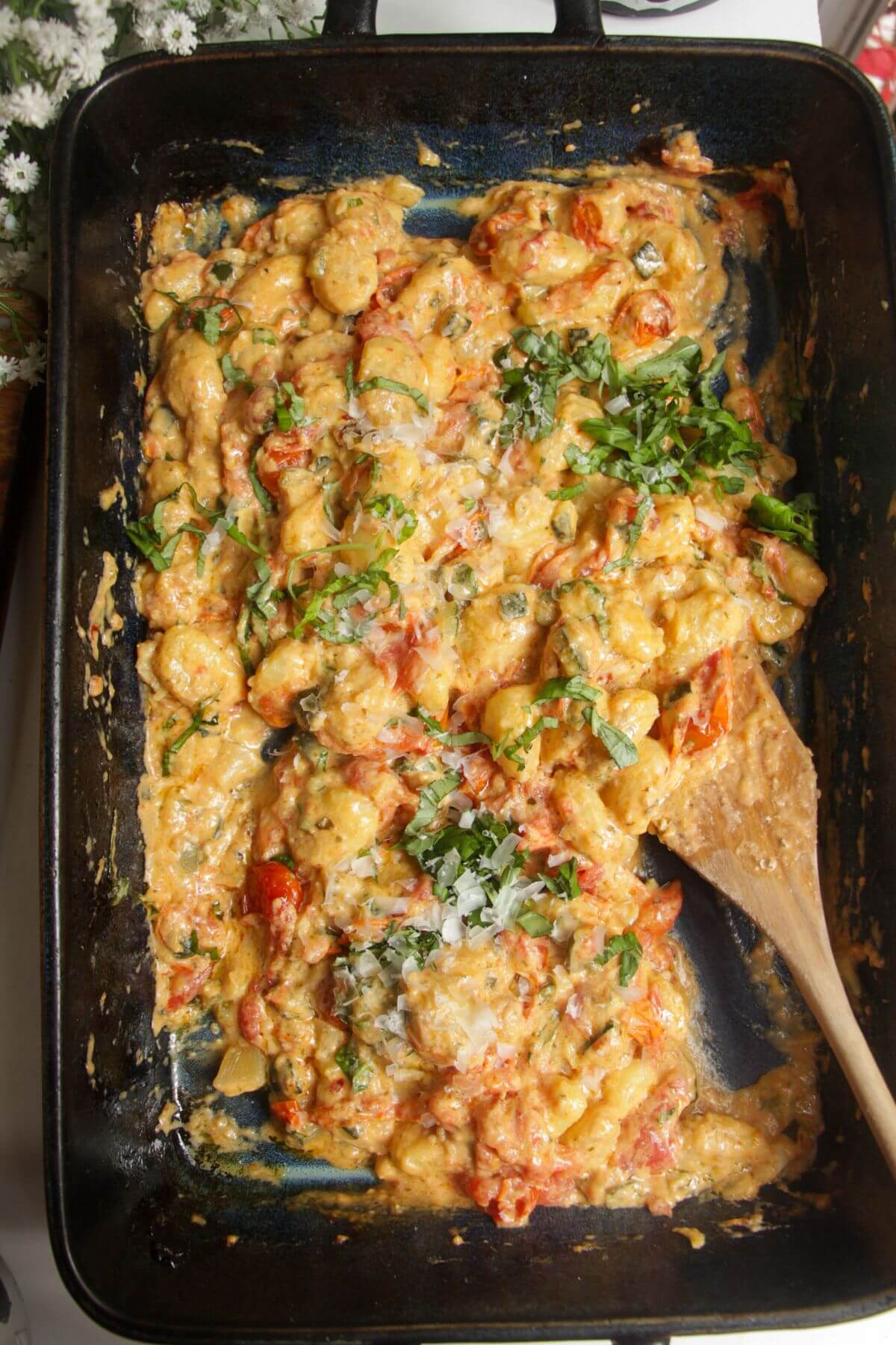 Baked Boursin gnocchi in an oven dish.