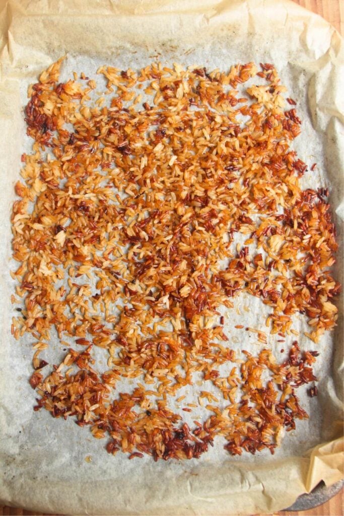 Crispy rice on an oven tray.