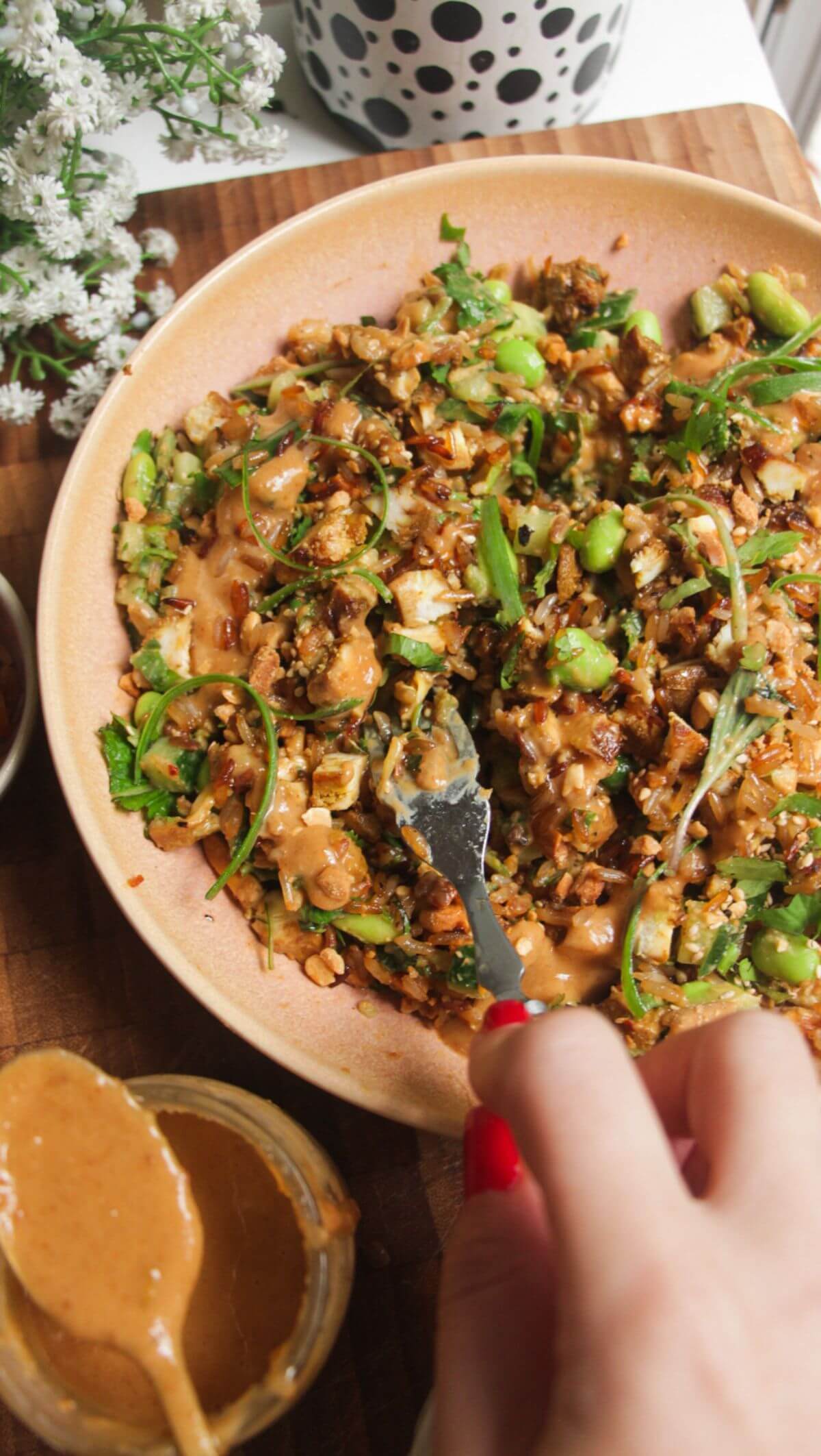 Satay crispy rice salad in a pink bowl.