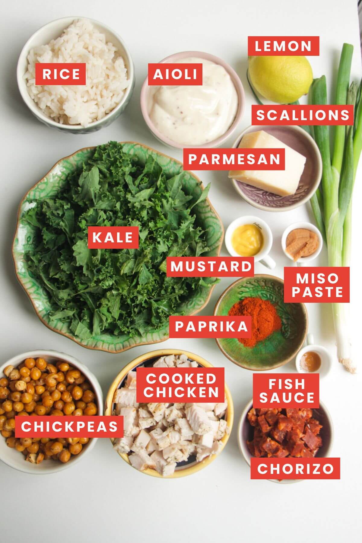 Ingredients for chicken Caesar rice salad laid out and labelled.