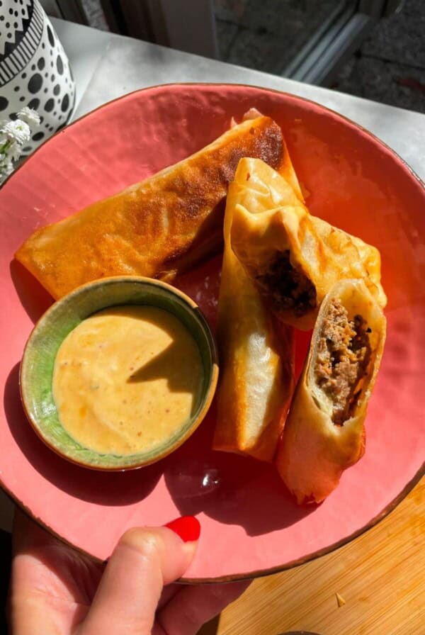 Three cheeseburger spring rolls in a pink plate.