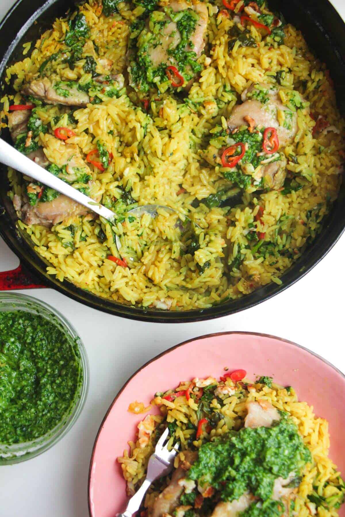 One Pot Golden Chicken and Rice with Herby Pesto - Dished by Kate
