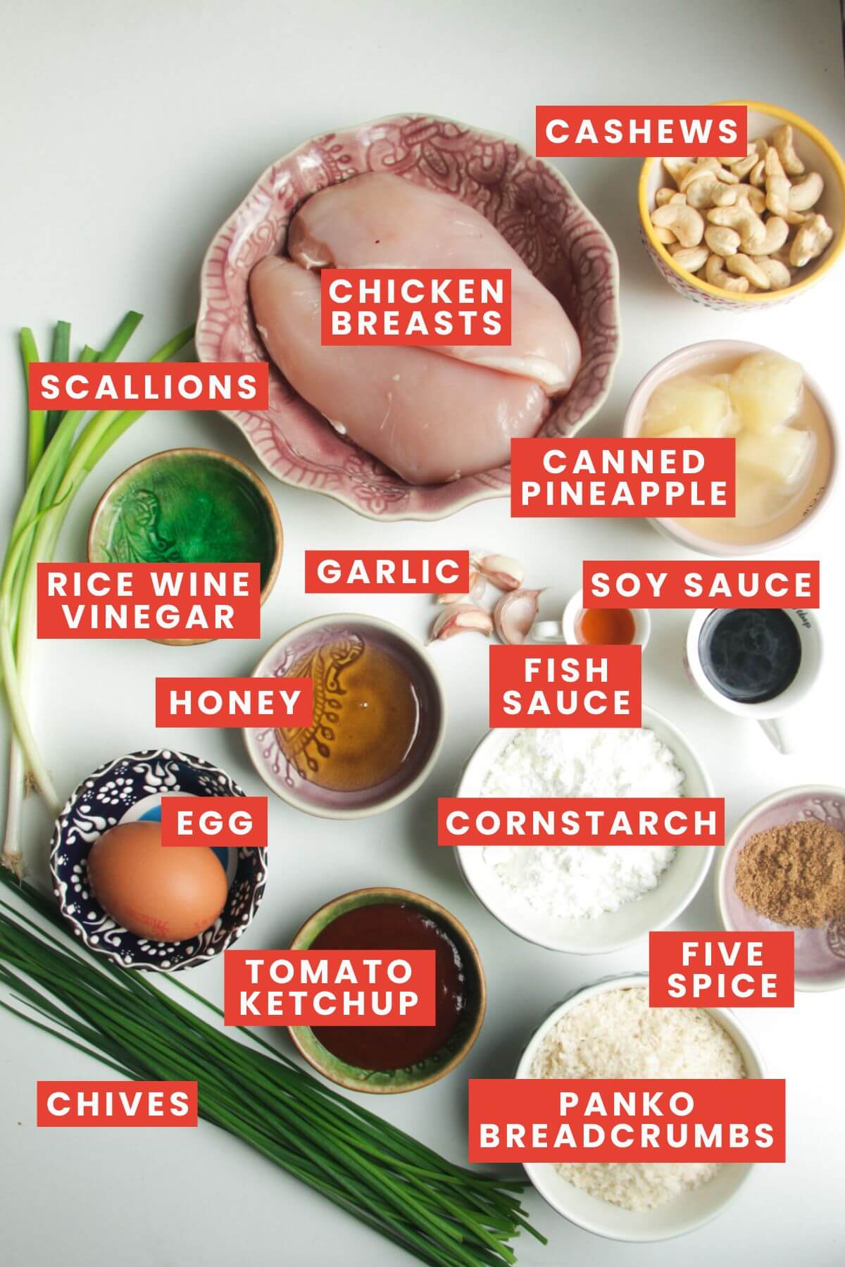 Ingredients for sweet and sour chicken laid out and labelled.