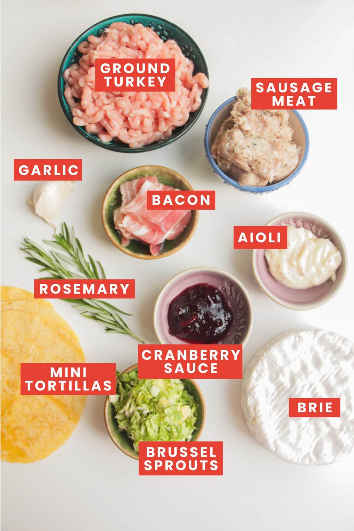 Ingredients for festive smash tacos laid out and labelled.