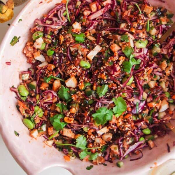 Korean grilled chicken crispy rice salad in a large pink bowl.