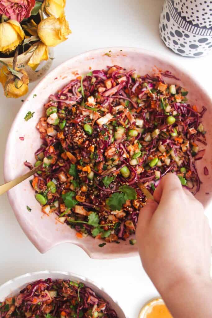 Korean grilled chicken crispy rice salad in a large pink bowl.