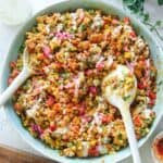 Chicken shawarma crispy rice salad in a serving bowl.