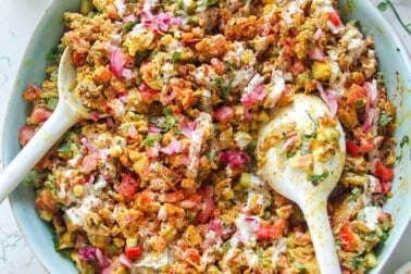 Chicken shawarma crispy rice salad in a serving bowl.