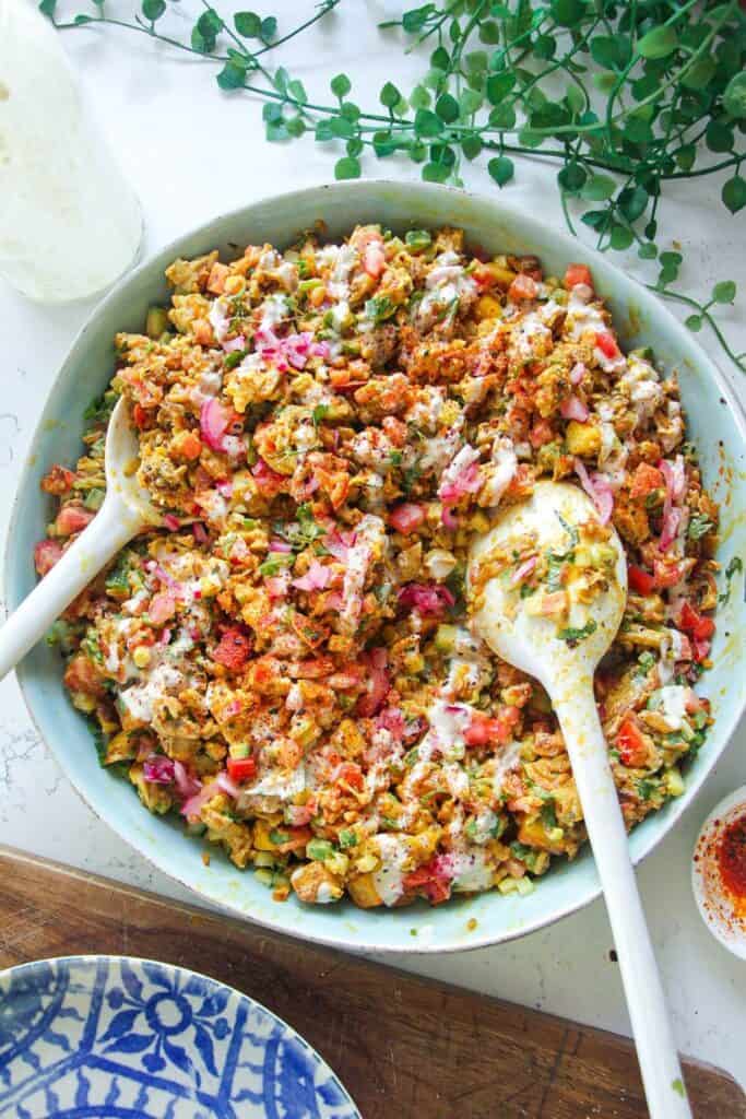 Chicken shawarma crispy rice salad in a serving bowl.