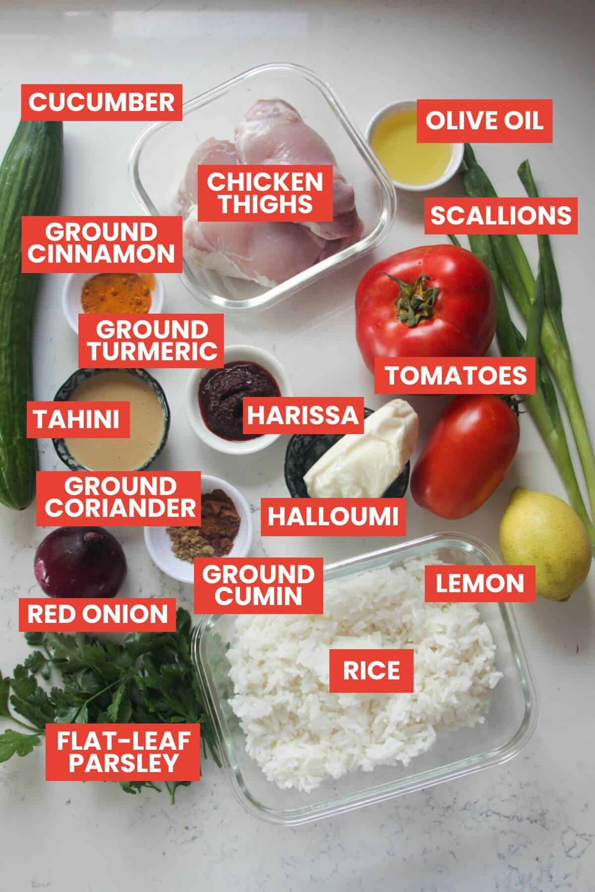 Ingredients for chicken shawarma crispy rice salad laid out and labelled.