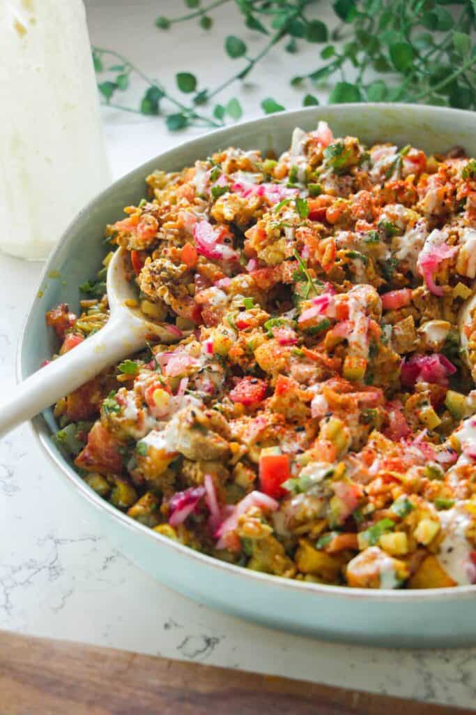 Chicken shawarma crispy rice salad in a serving bowl.