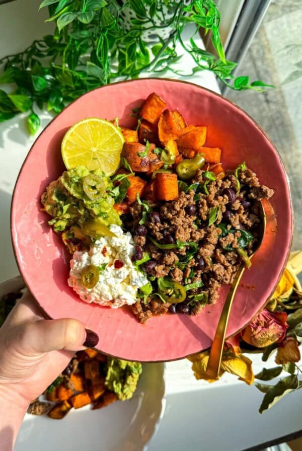 Holding viral cottage cheese beef bowl.