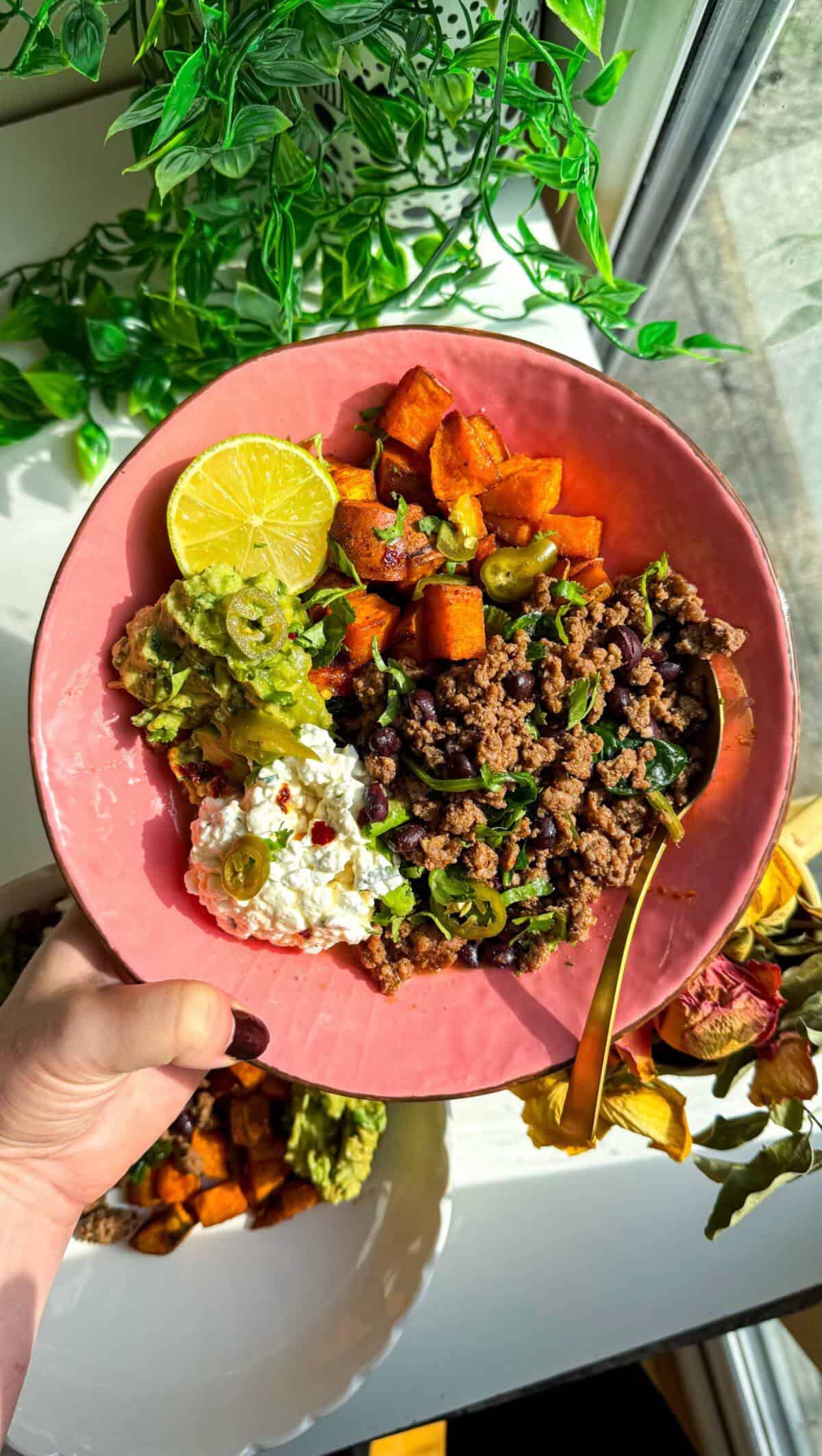 Holding viral cottage cheese beef bowl.