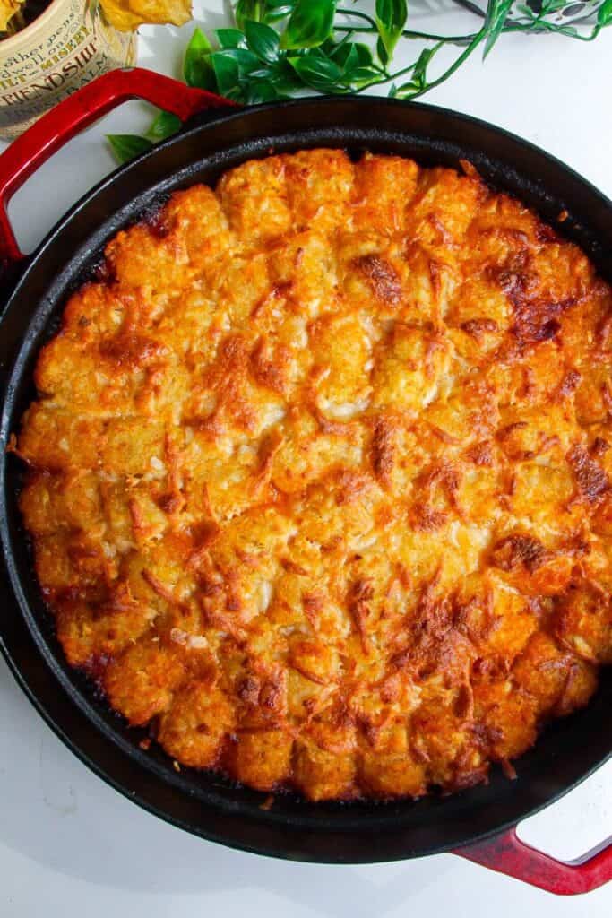 Cowboy casserole baked in a large pan.