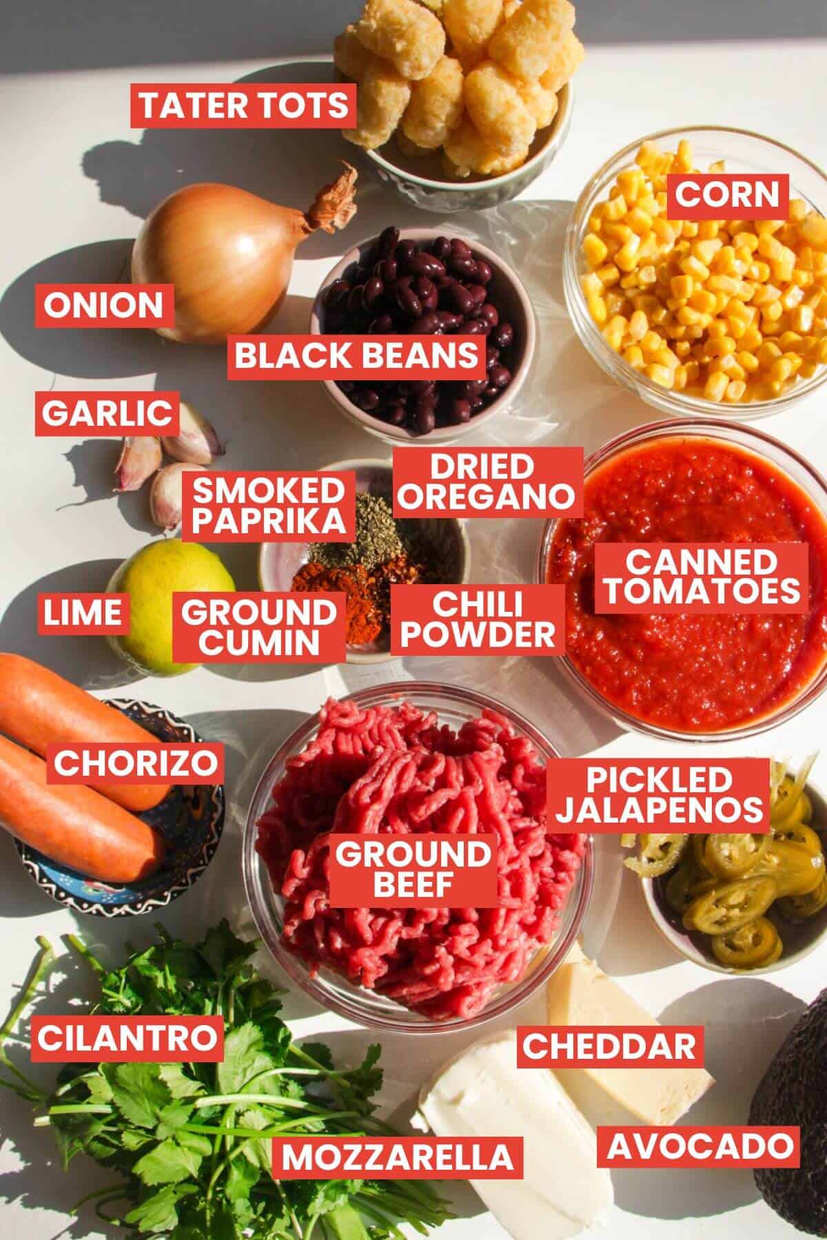 Ingredients for Cowboy Casserole laid out and labelled.