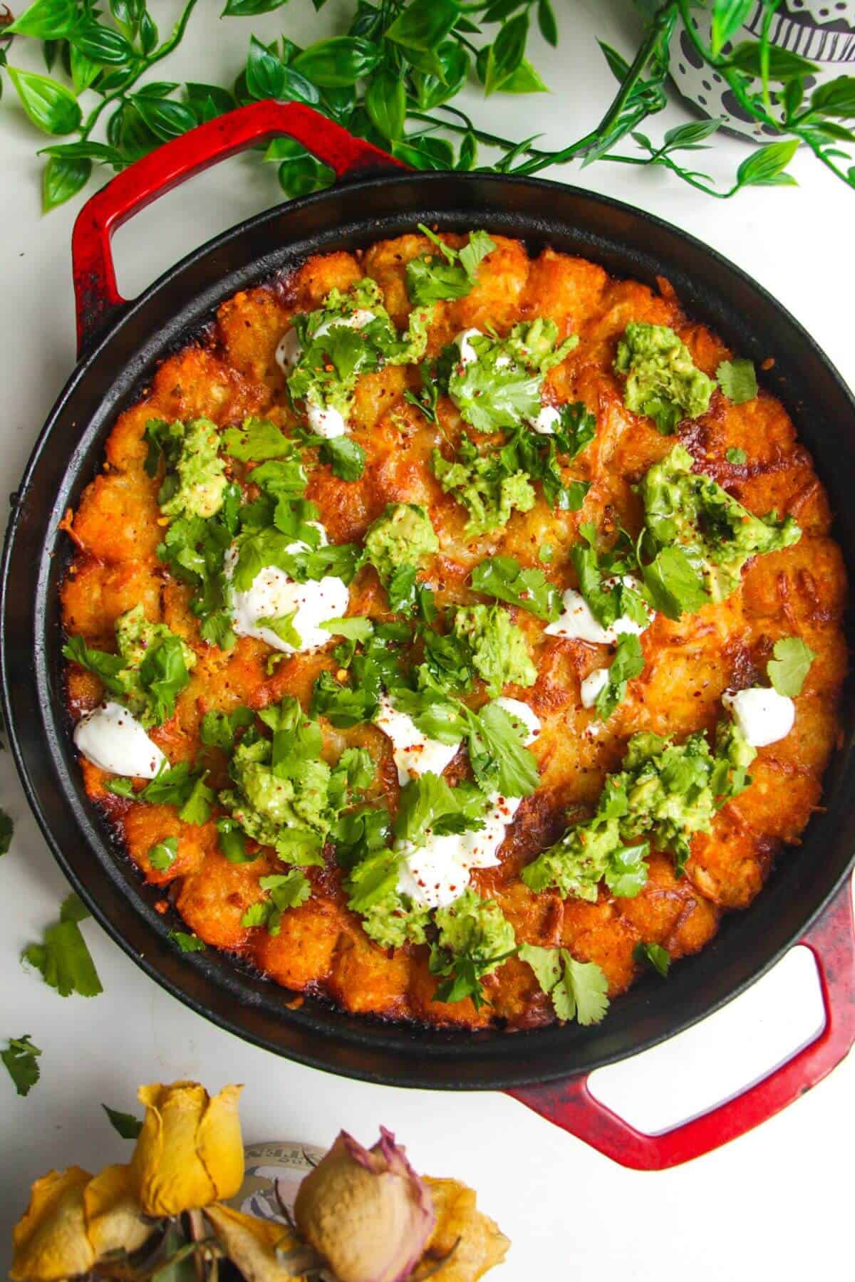 Baked Cowboy Casserole in a large pan with avocado and sour cream on top.