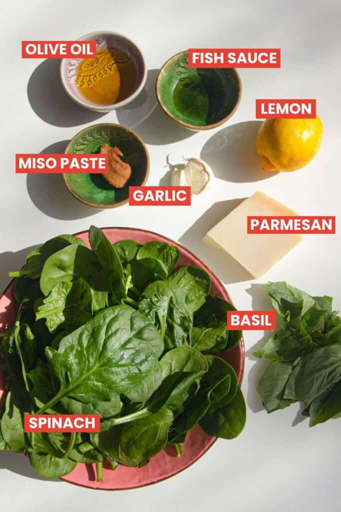 Ingredients for green goddess sauce laid out and labelled.