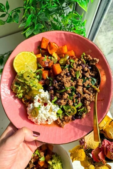 Holding viral cottage cheese beef bowl.