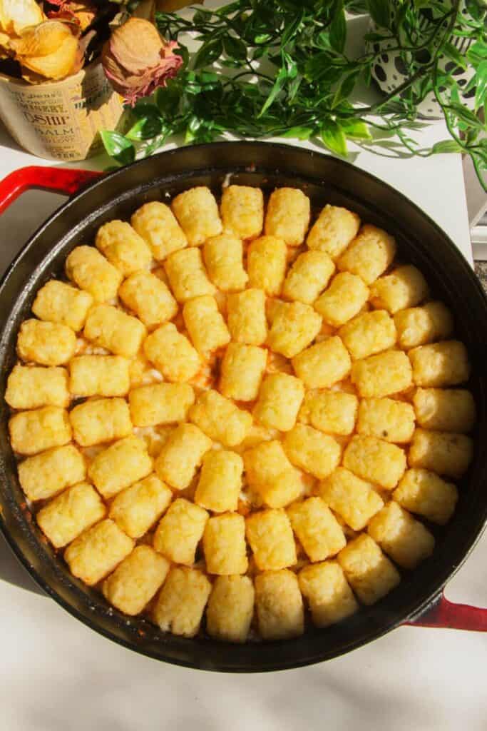 Tater tots arranged in a large pan.