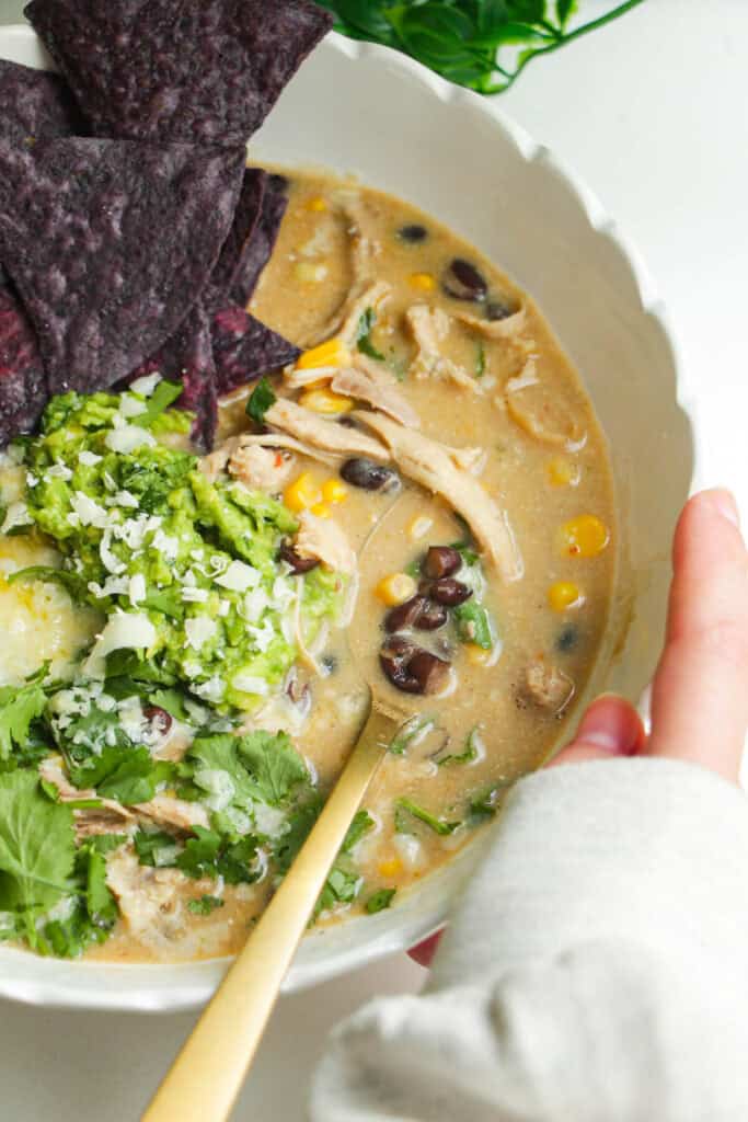 White chicken chili in a white bowl, topped with avocado, cheese and tortilla chips.