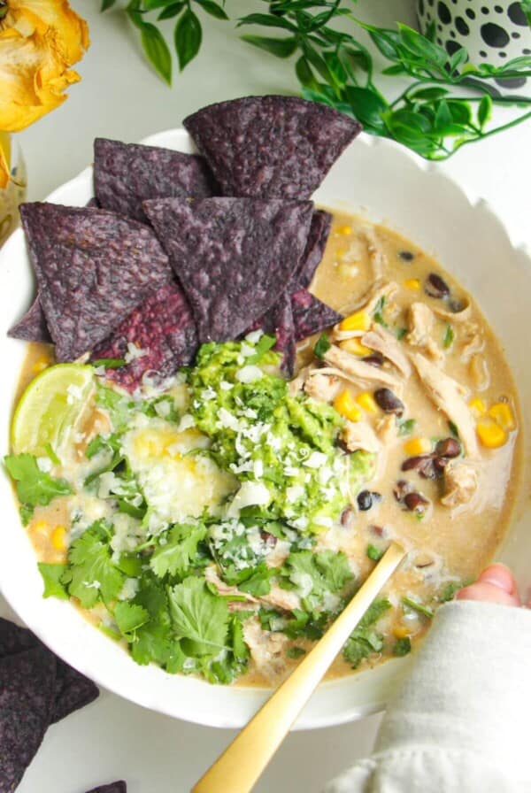 White chicken chili in a white bowl, topped with avocado, cheese and tortilla chips.