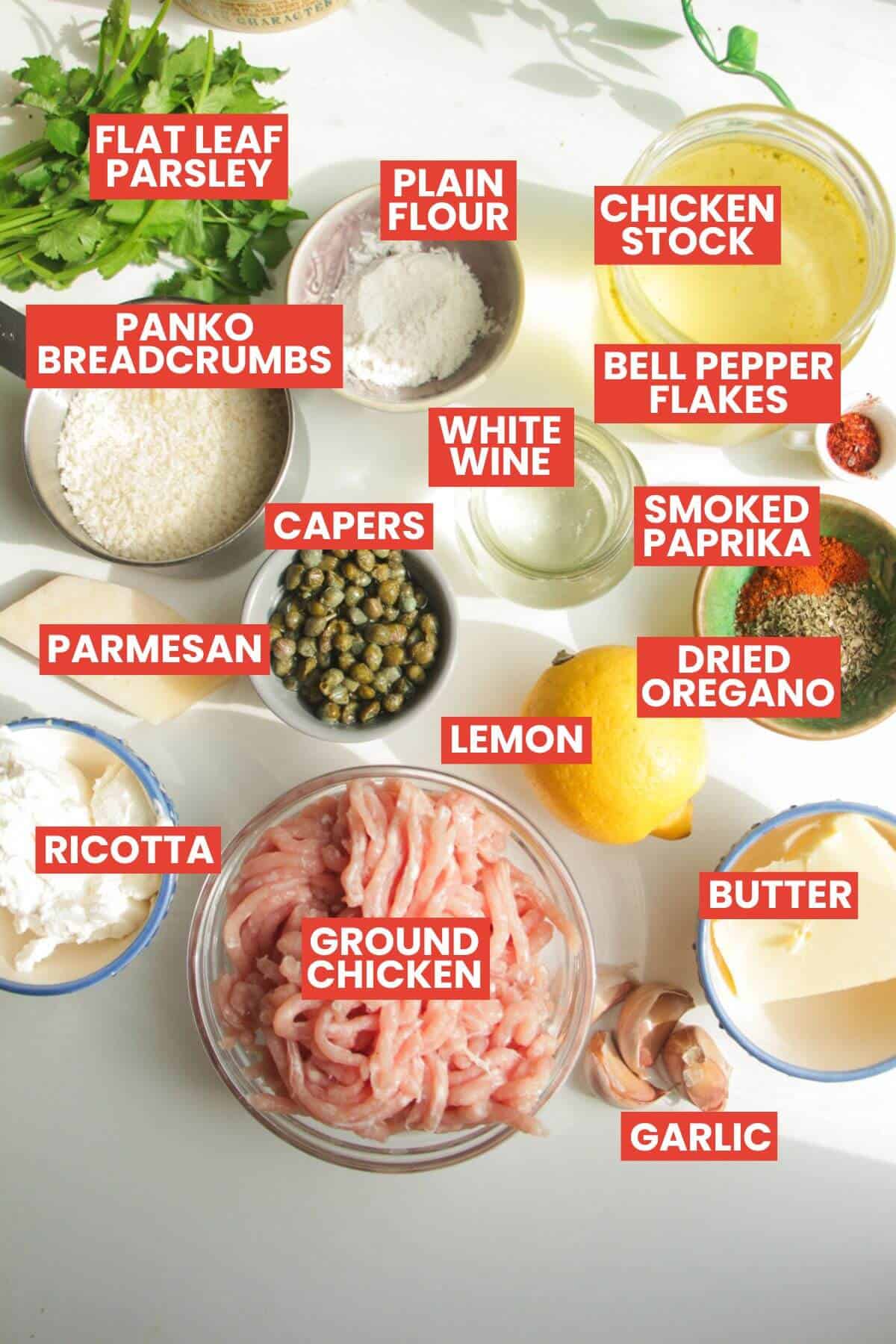 Ingredients for chicken piccata meatballs laid out and labelled.
