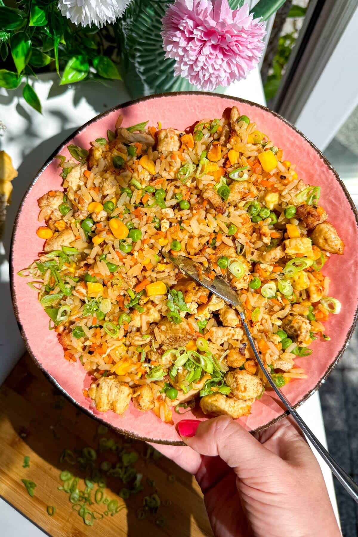 Hand holding pink bowl filled with fried rice.