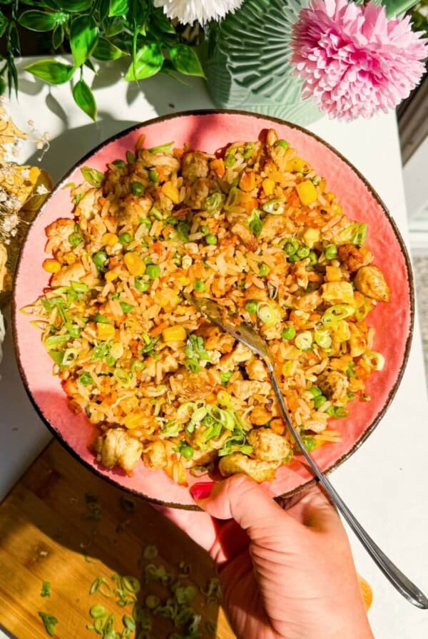 Hand holding pink bowl filled with fried rice.
