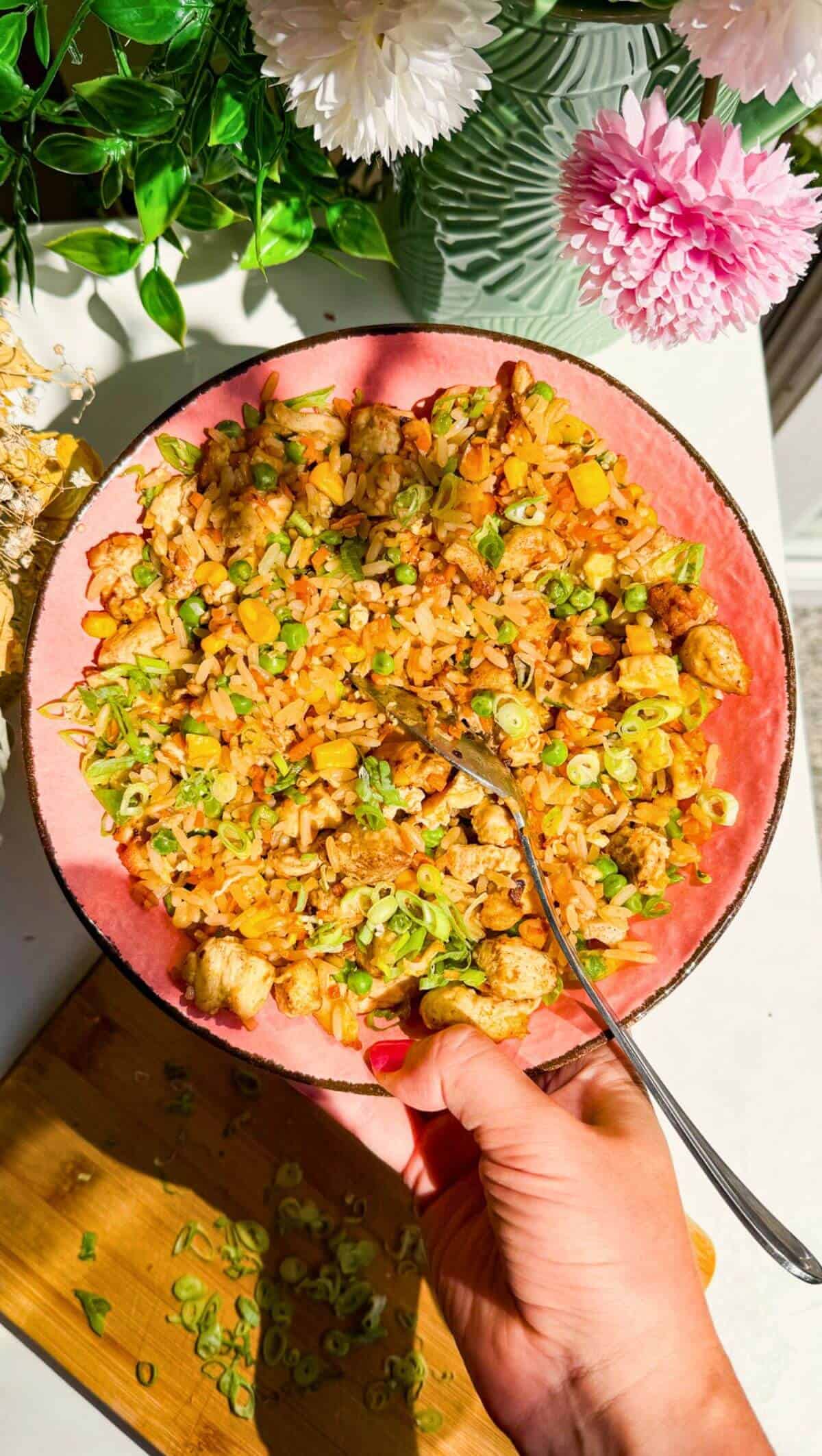 Hand holding pink bowl filled with fried rice.
