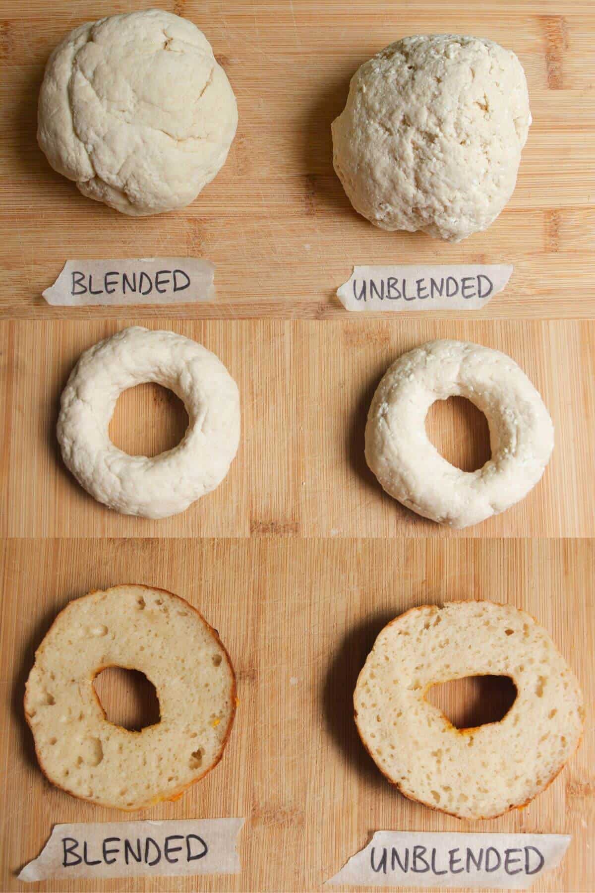 Bagel dough compared on a wooden board.