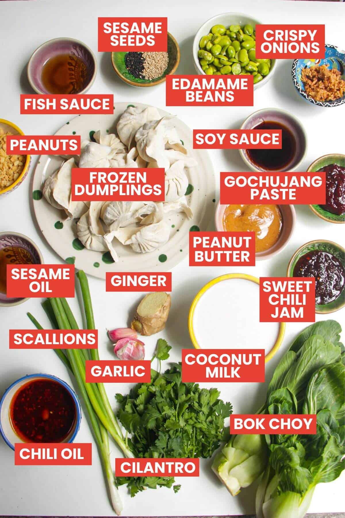Ingredients for baked dumplings laid out and labelled.