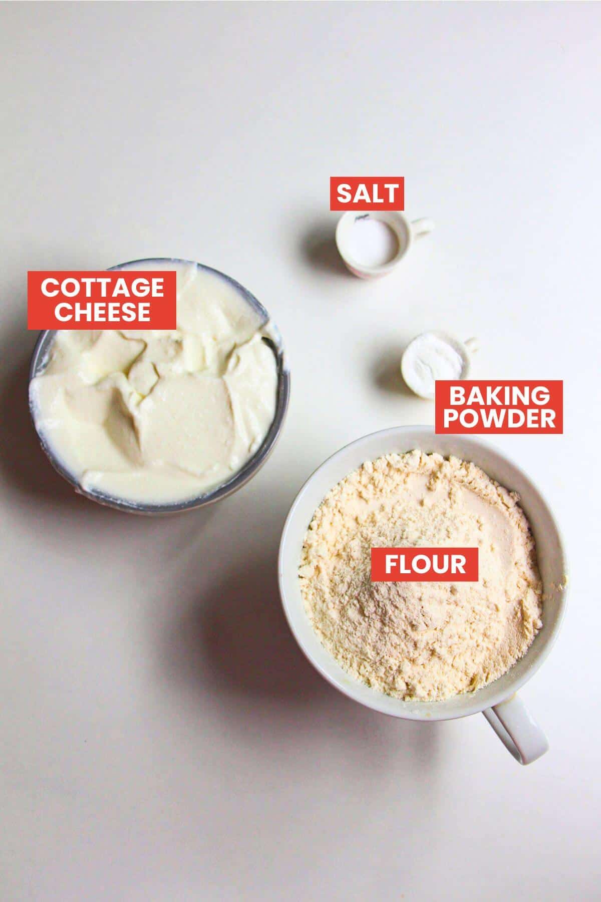 Ingredients for cottage cheese bagels laid out and labelled.