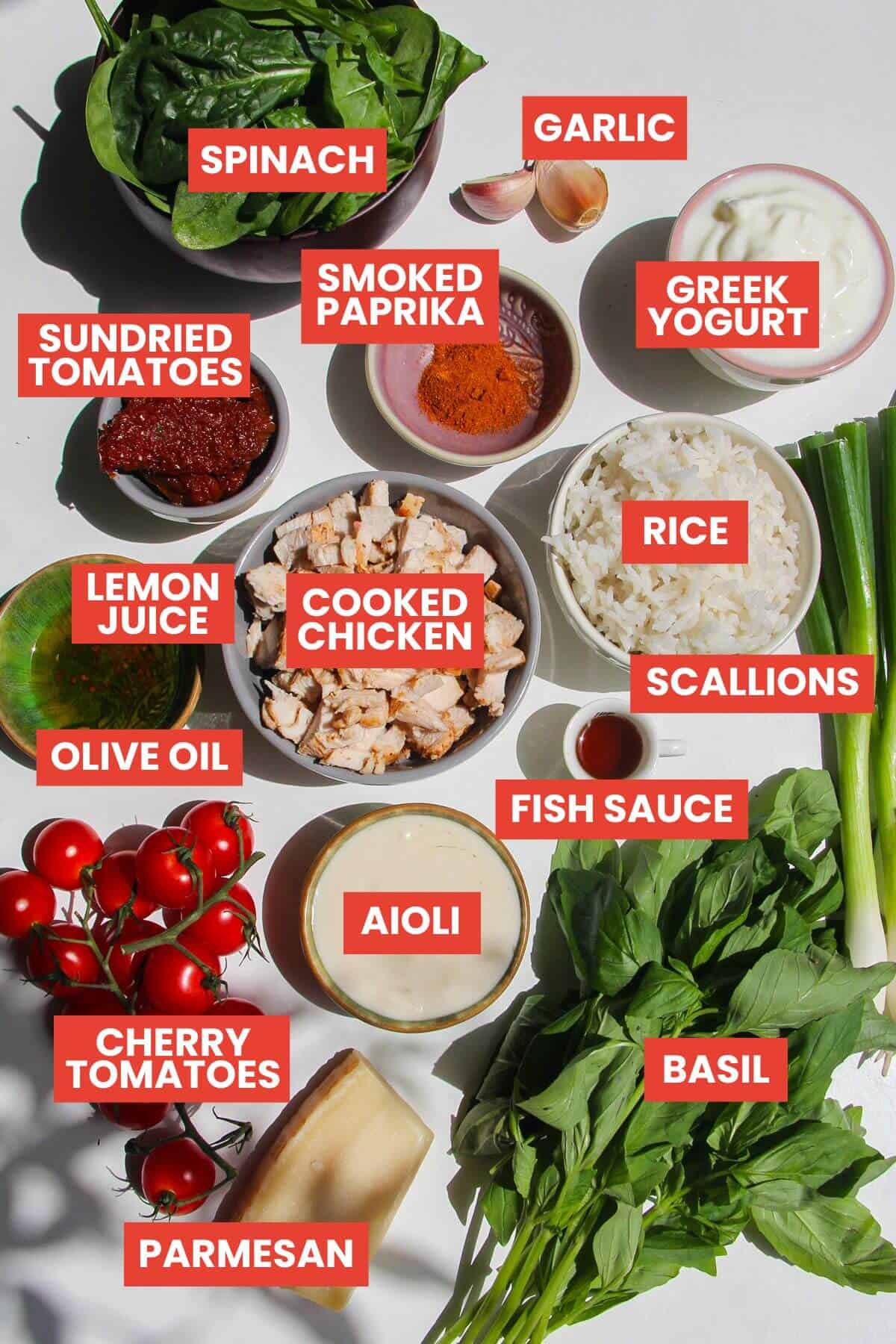 Ingredients for 'Marry Me' chicken crispy rice salad laid out and labelled.