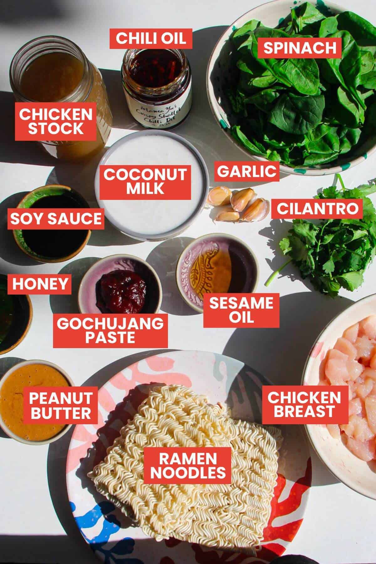 Ingredients for satay baked ramen laid out and labelled.